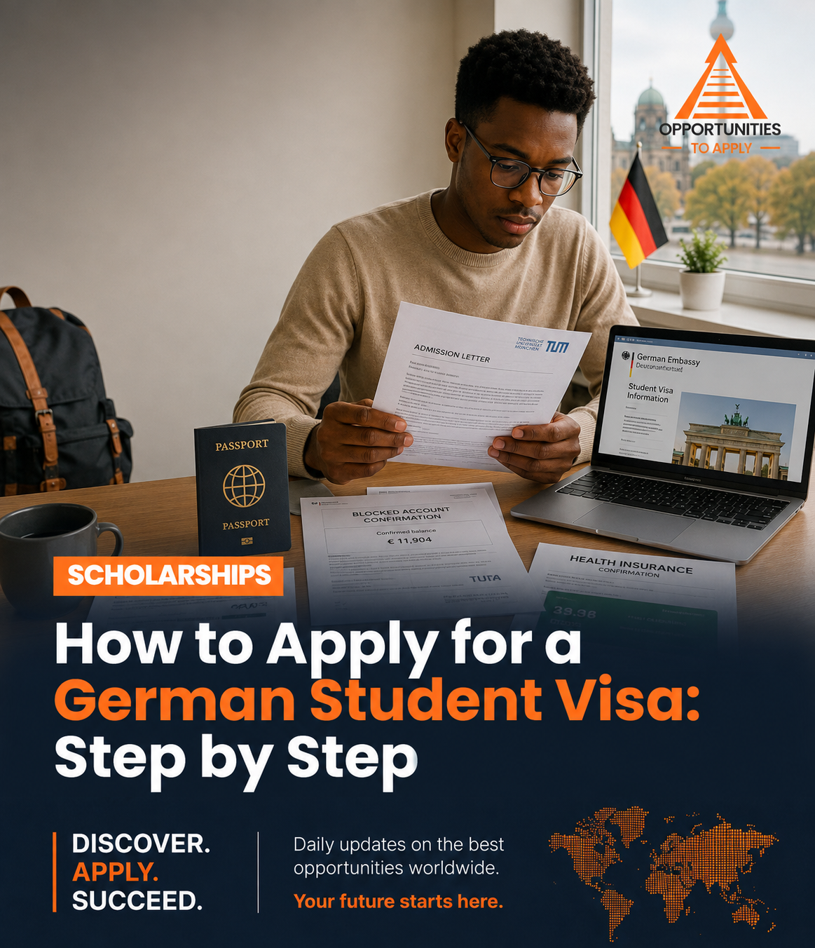 A prospective international student reviewing a German university admission letter alongside a passport, blocked account confirmation, health insurance documents, and a laptop displaying German student visa information, illustrating the Germany student visa application process.