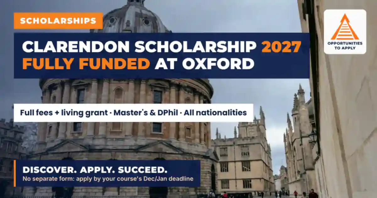 The Radcliffe Camera in Oxford under a grey sky, with an orange Scholarships label, a navy headline band and the Opportunities to Apply logo