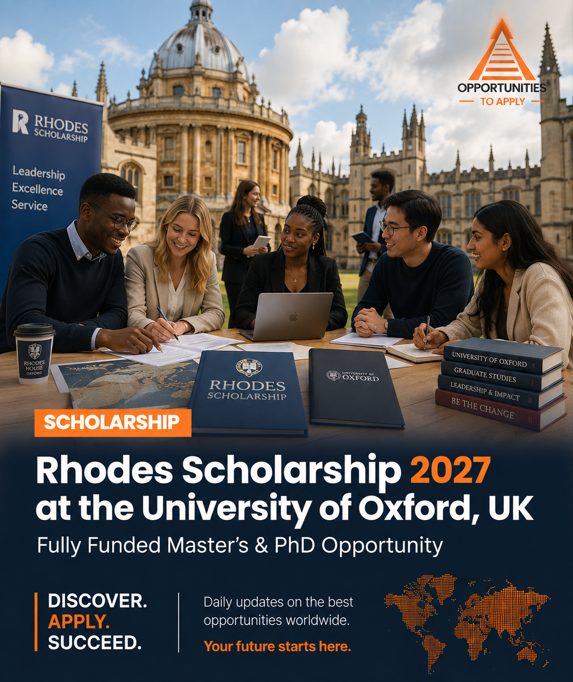 Promotional graphic for the Rhodes Scholarship 2027 at the University of Oxford, UK, featuring diverse students studying together on Oxford's campus. The design highlights a fully funded Master's & Ph