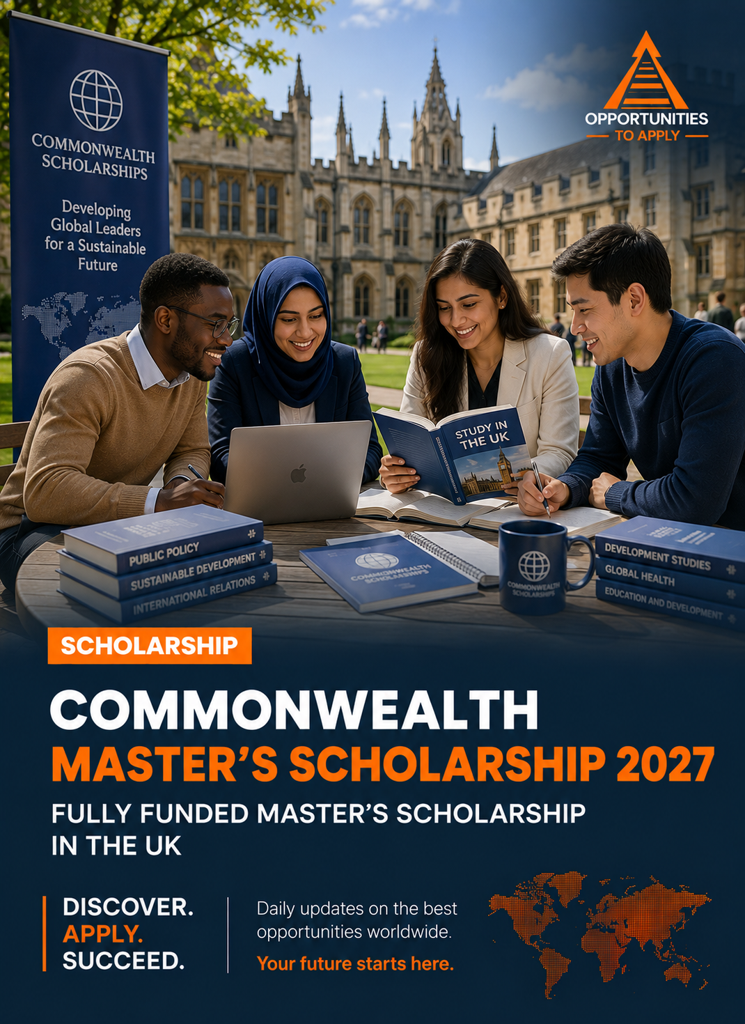 International postgraduate students studying on UK university campus, representing the Commonwealth Master's Scholarship 2027 for fully funded study in the United Kingdom.