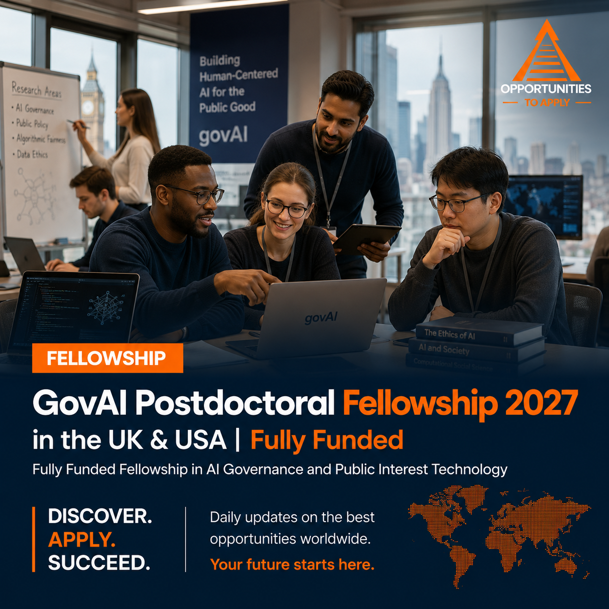 A diverse group of researchers collaborating in a modern AI governance workspace, with laptops, research materials, and displays focused on artificial intelligence and public policy, representing the 