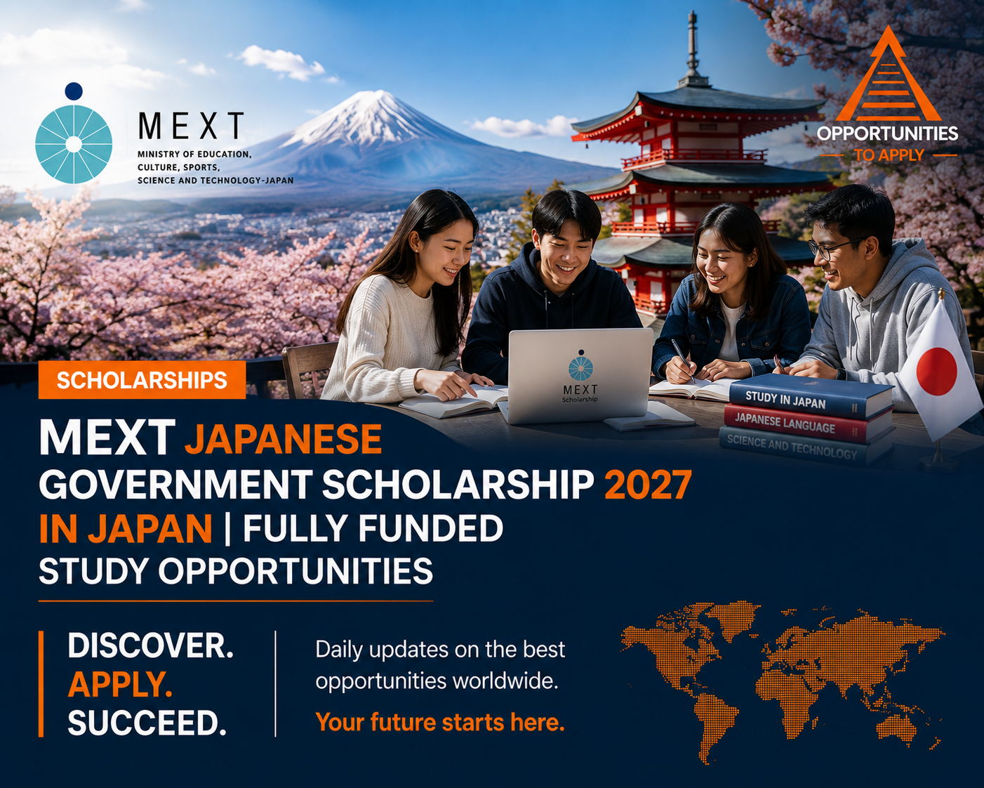 students studding backdrop of Mount Fuji, cherry blossoms, and a traditional Japanese temple, with the Opportunities to Apply branding and fully funded scholarship information. 
