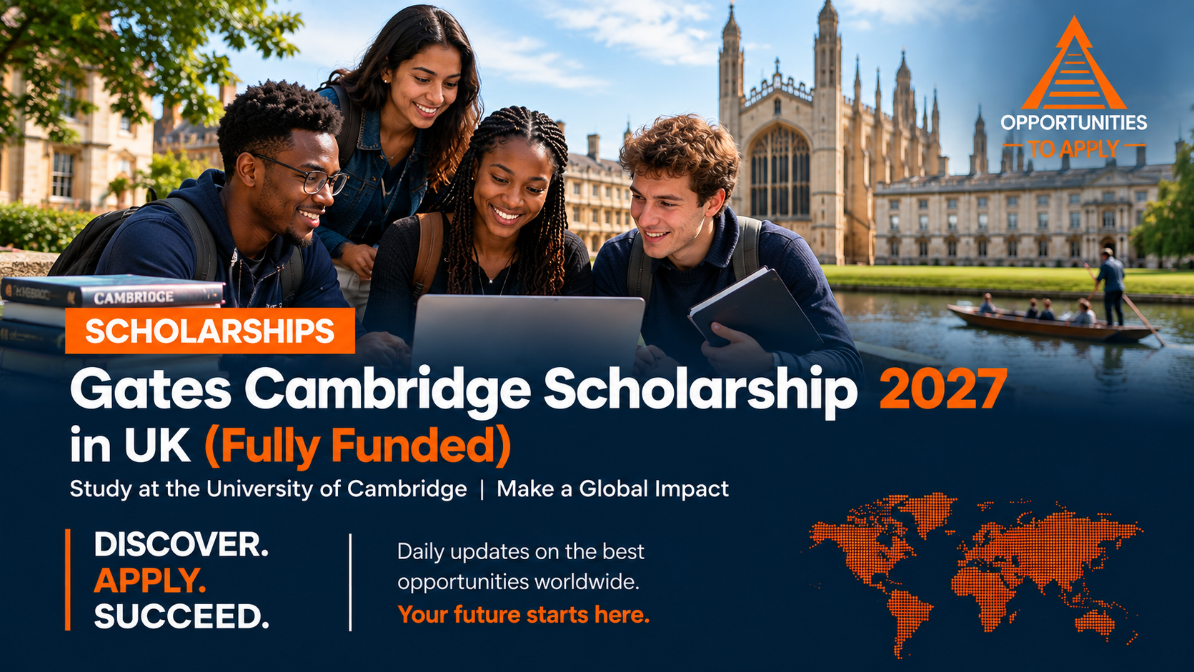 A promotional graphic for the Gates Cambridge Scholarship 2027 in the UK. The top portion features four diverse smiling university students looking down at a laptop computer outdoors, with the histori