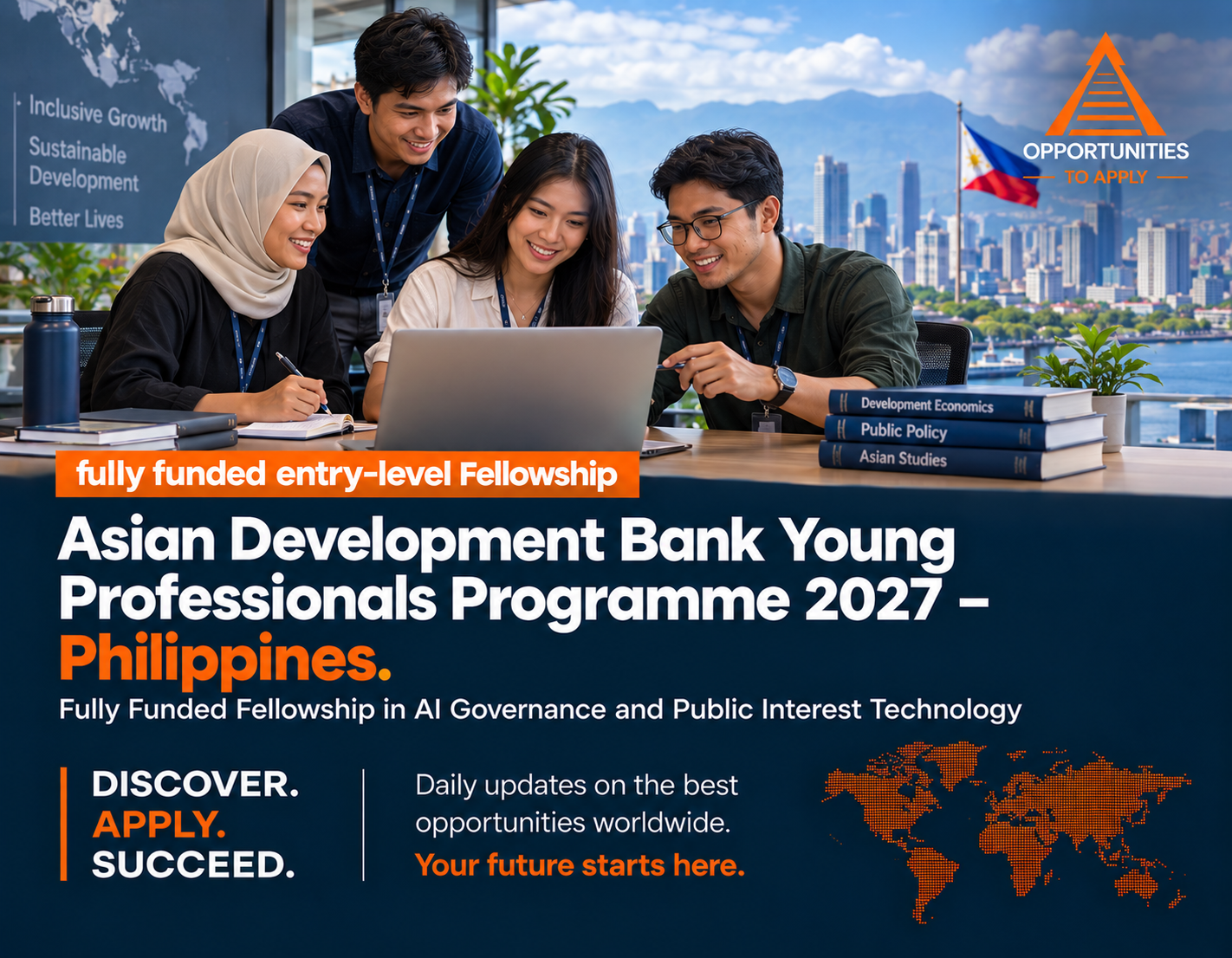 A promotional graphic for the Asian Development Bank (ADB) Young Professionals Program 2027 in the Philippines. The top portion features four diverse young professionals smiling together around a lapt
