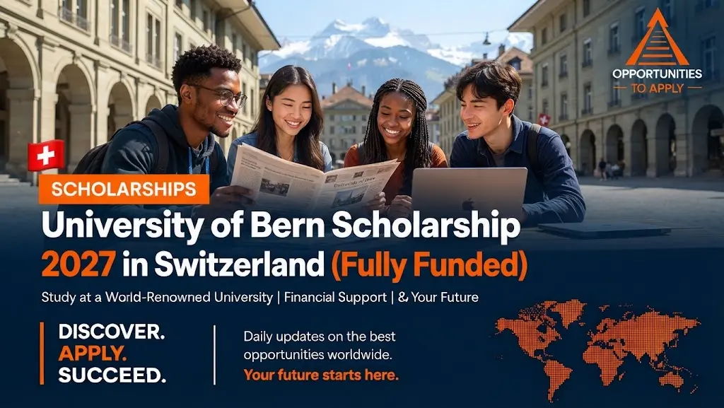 Image ALT text: A promotional graphic for the University of Bern Scholarship 2027 in Switzerland. The background features four diverse young students smiling and collaborating around a newspaper and l