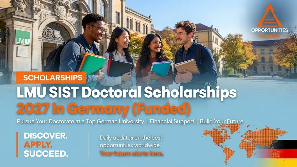 Image ALT text: A promotional graphic for the LMU SIST Doctoral Scholarships 2027 in Germany (Funded). The background features four diverse young international doctoral researchers standing together o