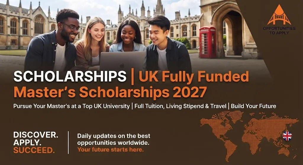 *Image ALT text:** A promotional graphic for the UK Fully Funded Master’s Scholarships 2027. The background features four diverse young international students collaborating around a laptop outside a h