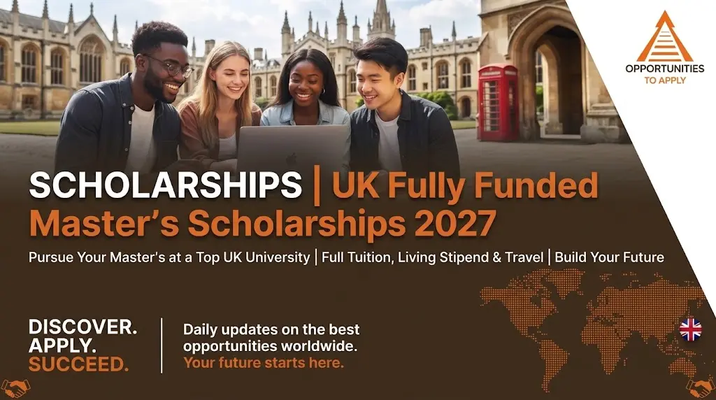 *Image ALT text:** A promotional graphic for the UK Fully Funded Master’s Scholarships 2027. The background features four diverse young international students collaborating around a laptop outside a h