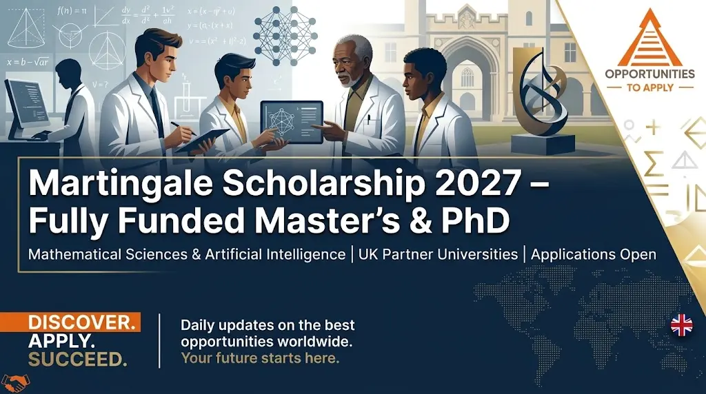 “Professional scholarship announcement graphic for the Martingale Foundation Scholarship 2027. Clean, modern design with a deep navy blue and white colour palette, subtle gold accents. Central bold te