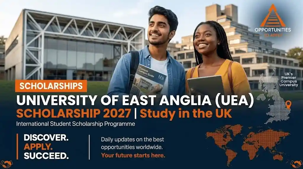 “Elegant promotional graphic for University of East Anglia Scholarships 2027. Soft blue and green colour palette reflecting the UEA campus environment, with clean white space. Central bold text: ‘Univ