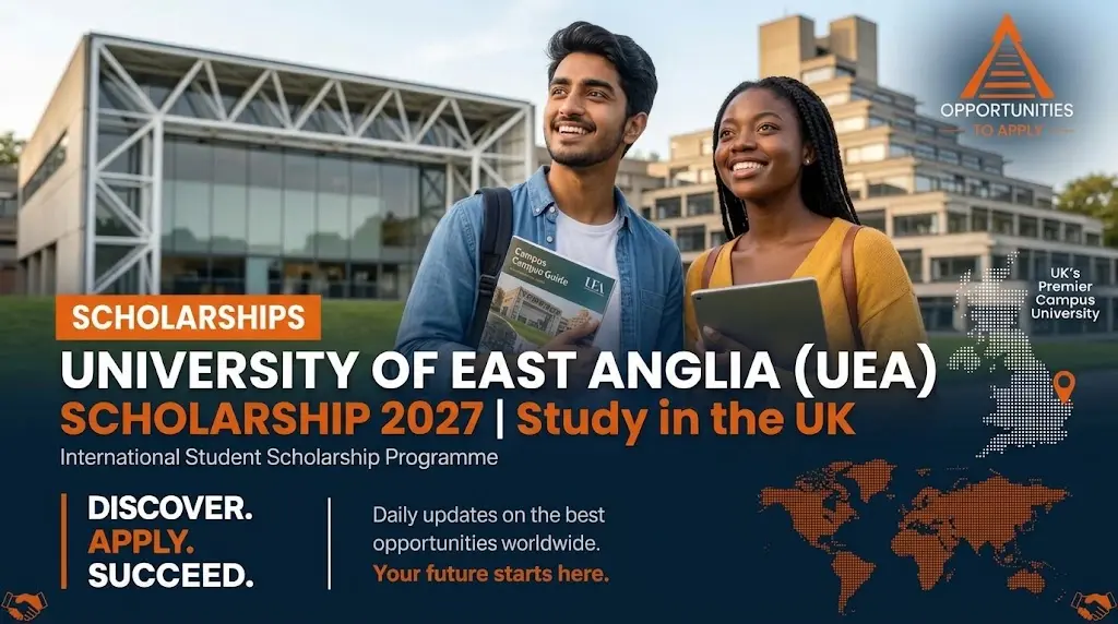 Image Prompt (refined using the provided reference image as a direct visual guide) Create a professional, high-resolution promotional graphic for the University of East Anglia Scholarship 2027, closel