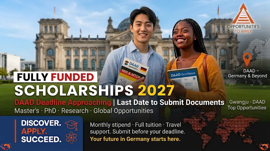 Promotional graphic for Fully Funded Scholarships 2027 highlighting approaching DAAD deadlines, showing two diverse international students in front of a university building with bold text about schola