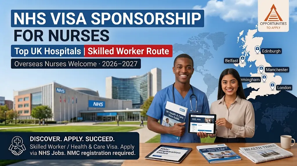 Promotional graphic for NHS visa sponsorship opportunities for overseas nurses showing two diverse nursing professionals in front of a UK hospital building with bold text about Skilled Worker sponsors