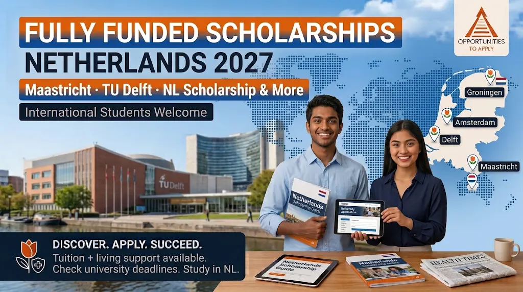 Promotional graphic for fully funded scholarships in the Netherlands 2027 showing two diverse international students in front of a Dutch university building with bold text about major awards including