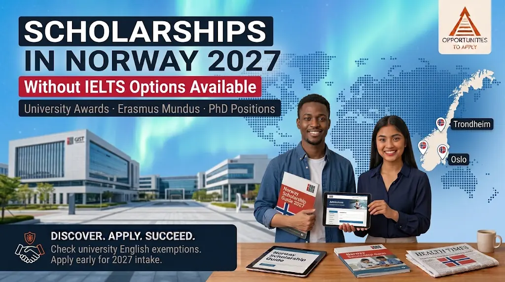 Promotional graphic for scholarships in Norway 2027 without IELTS showing two diverse international students in front of a Norwegian university building with bold text about available funding options 