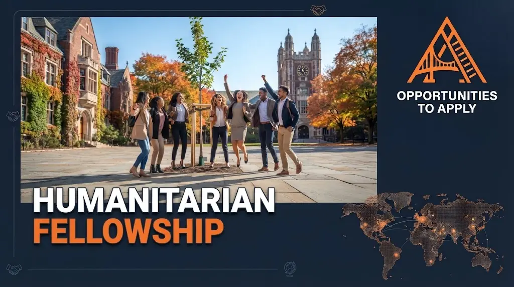 A high-resolution promotional banner on a dark navy-blue background with an orange and white color palette. The central image, framed, shows a diverse group of seven young adult st