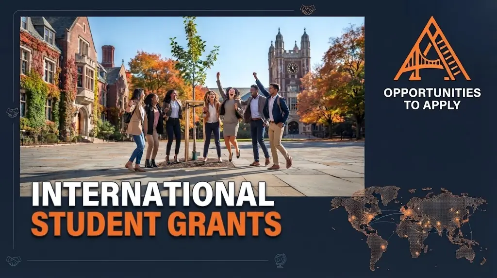 A high-resolution promotional banner for "INTERNATIONAL STUDENT GRANTS" on a modern dark navy-blue background with an orange and white color palette. The central framed image shows