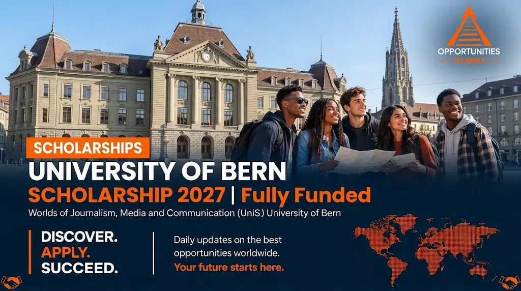 A professional promotional banner graphic with a dark navy-blue background and an orange and white color scheme. The left side features bold white text: "UNIVERSITY OF BERN" above